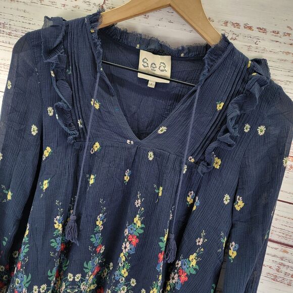 Sea New York Blouse Size 2 Top Floral Peasant V-Neck Tassel Ruffle Long Sleeve - Picture 2 of 14